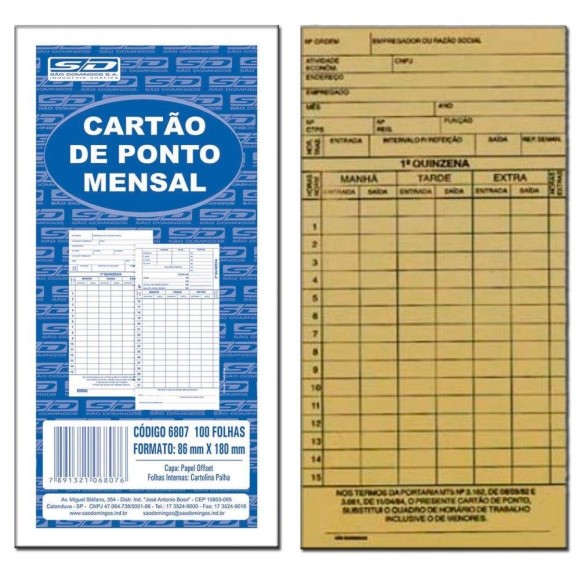 CARTÃO DE PONTO MENSAL - 100FLS - SÃO DOMINGOS